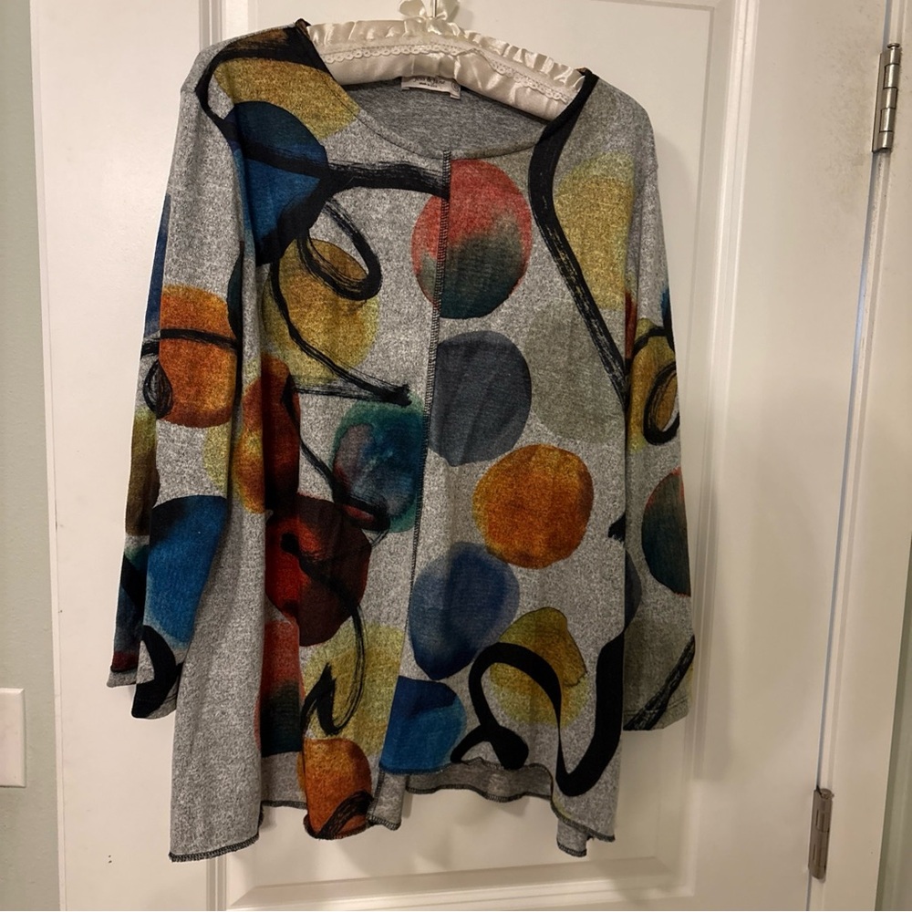 Abstract Dot Open-Front Women's Cardigan Sweater - Gray with Multi-Color Dots